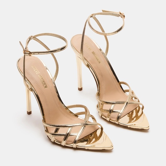 Steve Madden Sensation Metallic Patent Strappy Pointed Toe Stiletto Dress Sandal - Picture 1 of 10